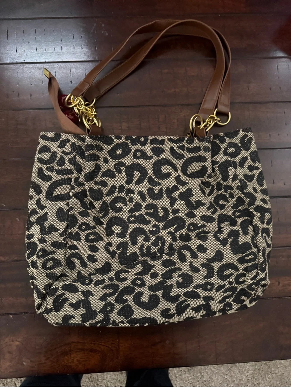 Leopard Print Tote Bag with Brown Leather Handles